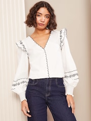 Friends Like These Cream Long Sleeve Embroidered Scallop Trim Blouse - Image 1 of 4