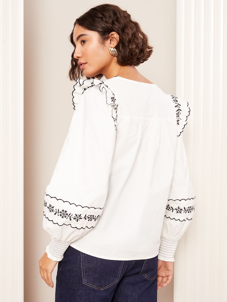 Friends Like These Cream Long Sleeve Embroidered Scallop Trim Blouse - Image 4 of 4