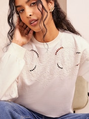Friends Like These Cream Long Sleeve Crew Neck Embroidered Cutwork Sweatshirt - Image 1 of 4
