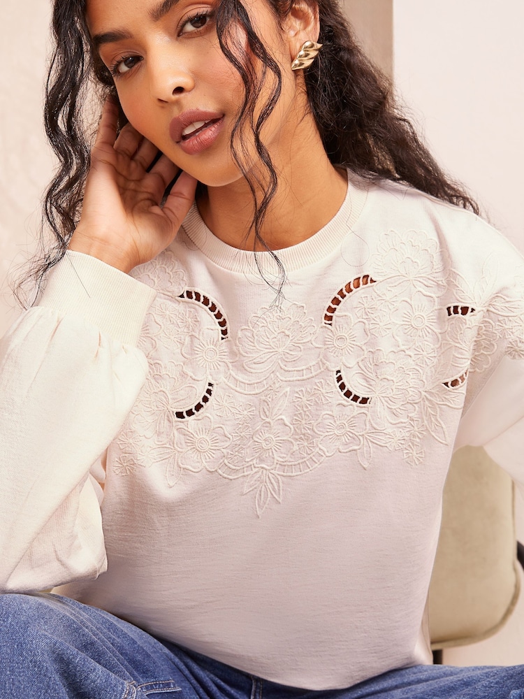 Friends Like These Cream Long Sleeve Crew Neck Embroidered Cutwork Sweatshirt - Image 1 of 4