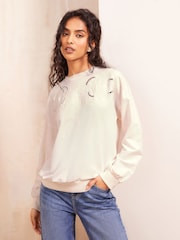 Friends Like These Cream Long Sleeve Crew Neck Embroidered Cutwork Sweatshirt - Image 2 of 4