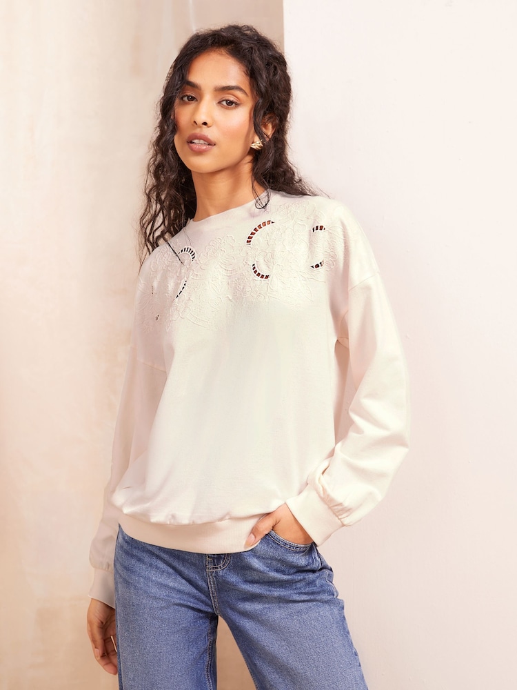 Friends Like These Cream Long Sleeve Crew Neck Embroidered Cutwork Sweatshirt - Image 2 of 4