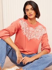 Friends Like These Blush Pink Long Sleeve Crew Neck Embroidered Cutwork Sweatshirt - Image 3 of 4
