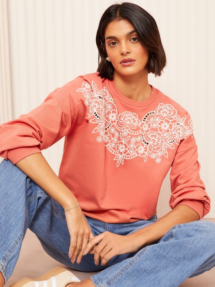 Friends Like These Blush Pink Long Sleeve Crew Neck Embroidered Cutwork Sweatshirt - Image 3 of 4