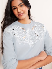 Friends Like These Blue Long Sleeve Crew Neck Embroidered Cutwork Sweatshirt - Image 1 of 4