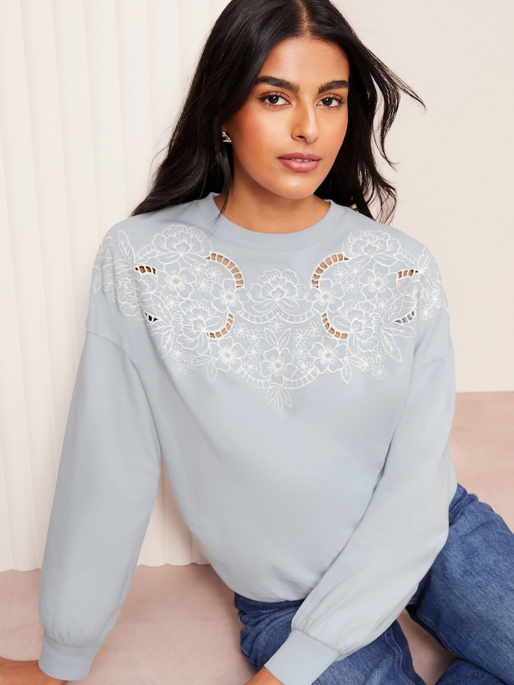 Friends Like These Blue Long Sleeve Crew Neck Embroidered Cutwork Sweatshirt - Image 3 of 4