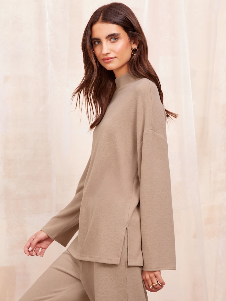 Friends Like These Neutral Long Sleeve Cosy Funnel Neck Top - Image 4 of 5