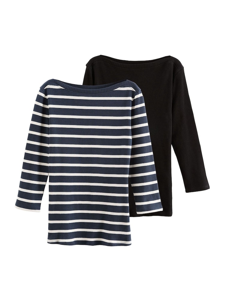 Friends Like These Black Stripe Ribbed Boat Neck 100% Cotton Jersey T-Shirts 2 Pack - Image 6 of 7
