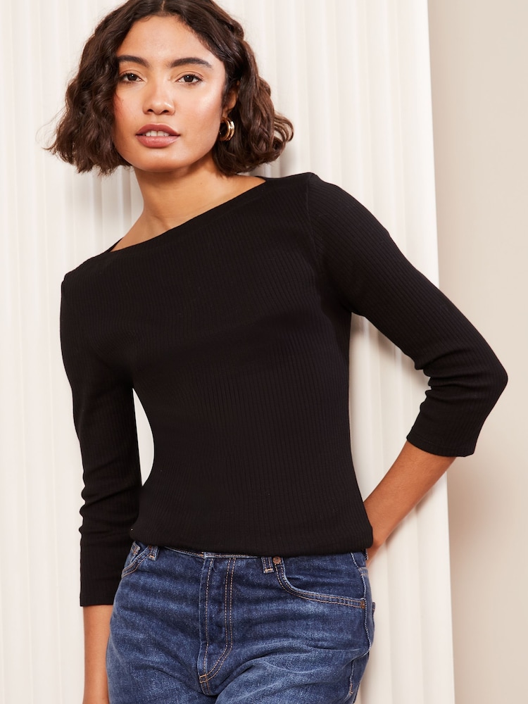 Черный - Friends Like These 100% Cotton 3/4 Sleeve Ribbed Boat Neck T-Shirt - Изображение 1 из 4