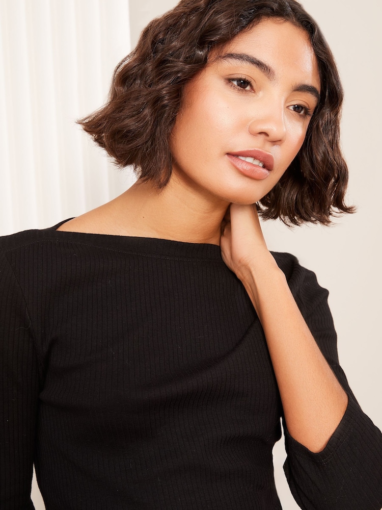 Friends Like These Black 100% Cotton 3/4 Sleeve Ribbed Boat Neck T-Shirt - Image 2 of 4 Friends Like These Black 100% Cotton 3/4 Sleeve Ribbed Boat Neck T-Shirt - Image 2 of 4