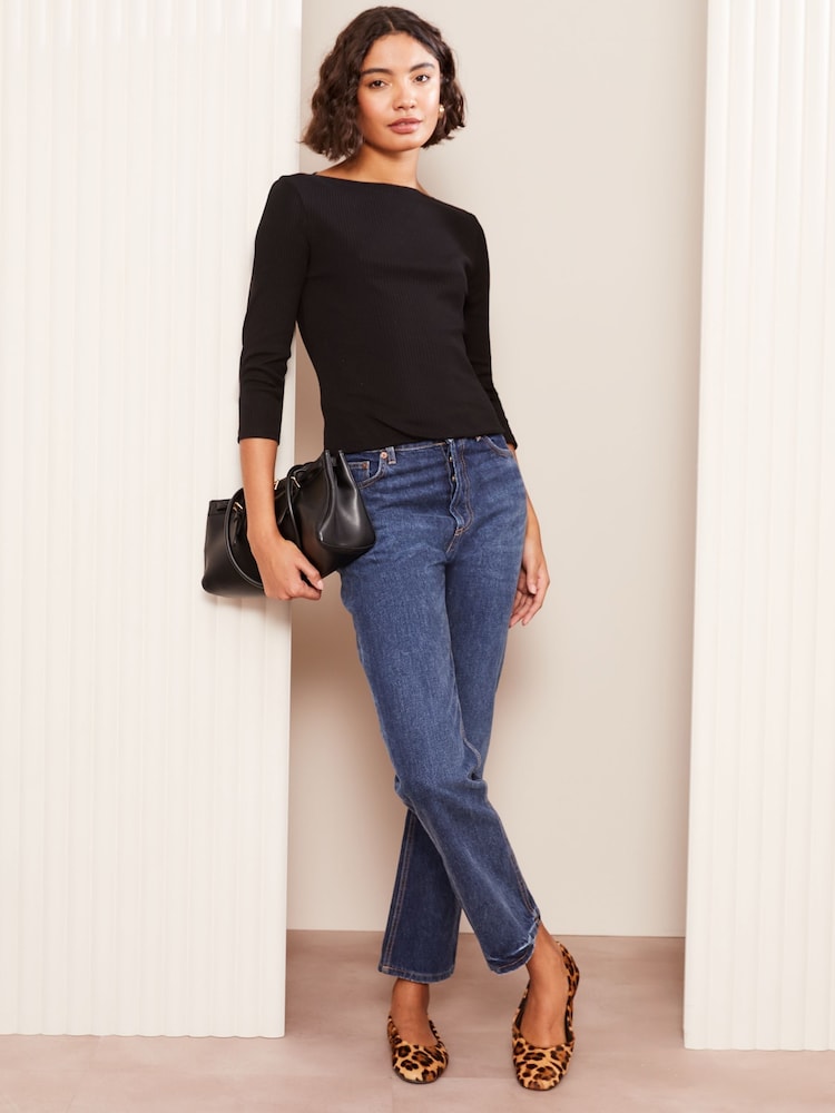Friends Like These Black 100% Cotton 3/4 Sleeve Ribbed Boat Neck T-Shirt - Image 3 of 4