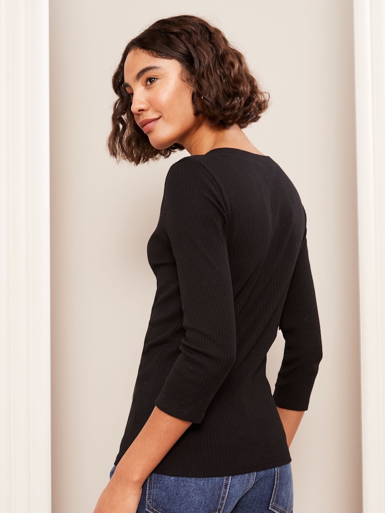 Friends Like These Black 100% Cotton 3/4 Sleeve Ribbed Boat Neck T-Shirt - Image 4 of 4 Friends Like These Black 100% Cotton 3/4 Sleeve Ribbed Boat Neck T-Shirt - Image 4 of 4