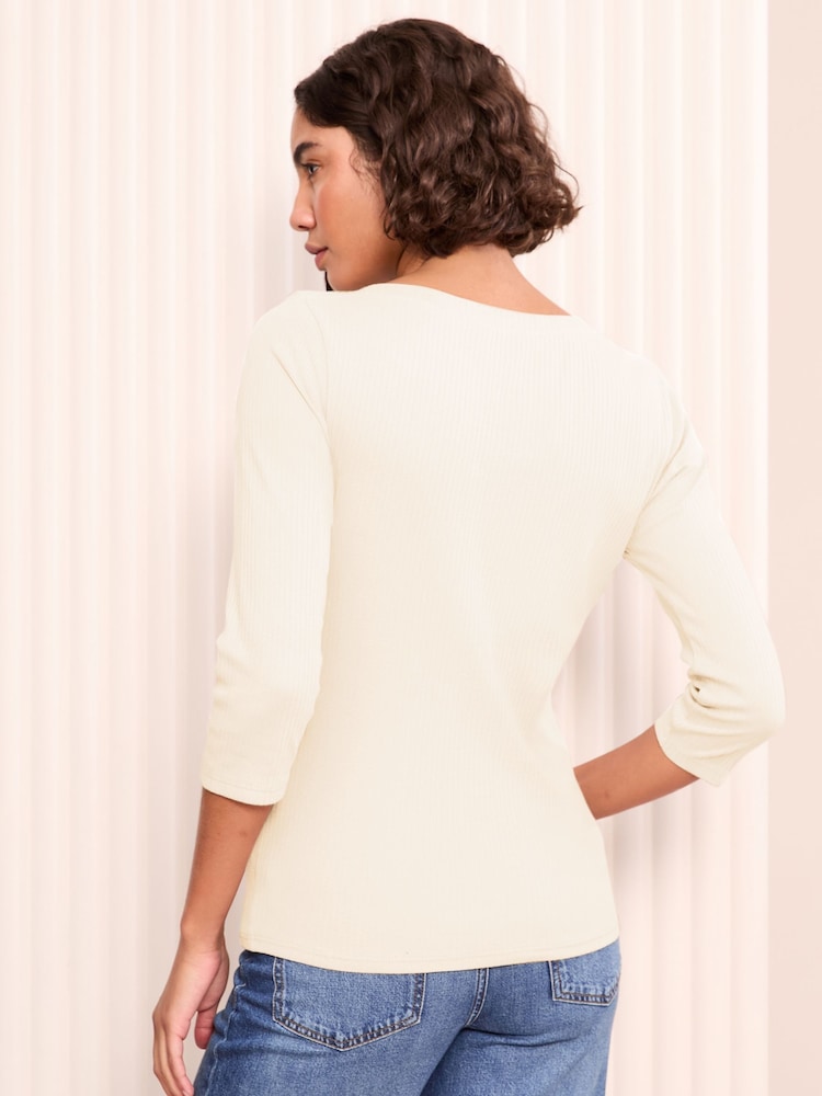 Friends Like These Cream 100% Cotton 3/4 Sleeve Ribbed Boat Neck T-Shirt - Image 4 of 4