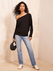 Friends Like These Black Cosy Slash Neck Button Detail Top - Image 1 of 1