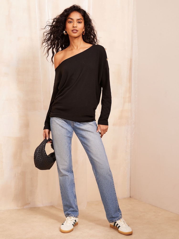 Friends Like These Black Cosy Slash Neck Button Detail Top - Image 1 of 1