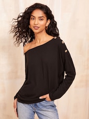 Friends Like These Black Cosy Slash Neck Button Detail Top - Image 2 of 4
