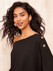 Friends Like These Black Cosy Slash Neck Button Detail Top - Image 4 of 4