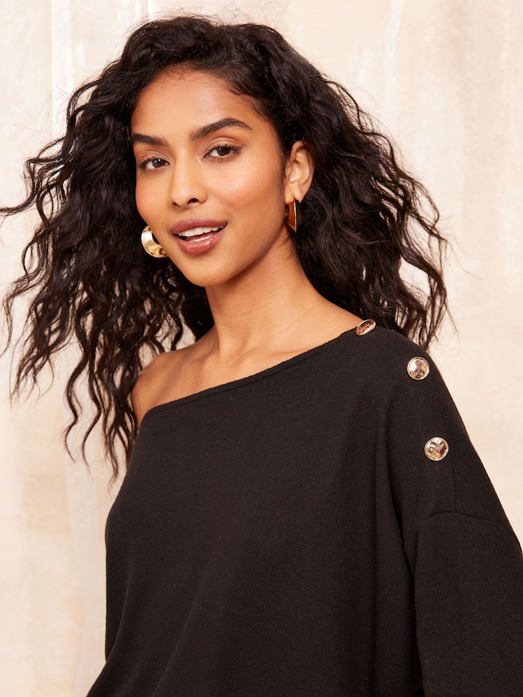 Friends Like These Black Cosy Slash Neck Button Detail Top - Image 4 of 4