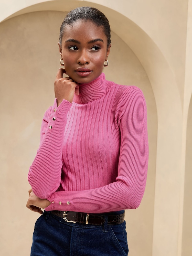 Lipsy Pink Ribbed Roll Neck Knit Jumper - Image 1 of 4 Lipsy Pink Ribbed Roll Neck Knit Jumper - Image 1 of 4