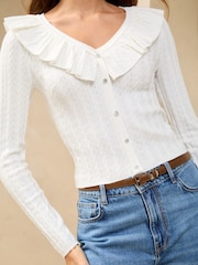 Lipsy Ivory Ruffle Front V-Neck Pointelle Detail Long Sleeve Knit Top - Image 3 of 4