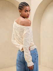 Lipsy Ivory Slash Neck Crochet Broderie Frill Knitted Long Sleeve Top - Image 2 of 4