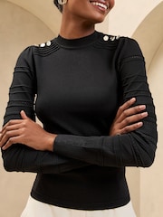 Lipsy Black Knitted Stitch Sleeve Button Fine Gauge Jumper - Image 2 of 4