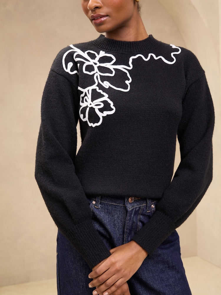 Lipsy Black Knitted Cornelli Flower Detail Cosy Jumper - Image 1 of 4 Lipsy Black Knitted Cornelli Flower Detail Cosy Jumper - Image 1 of 4