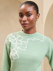 Lipsy Green Knitted Cornelli Flower Detail Cosy Jumper - Image 1 of 4