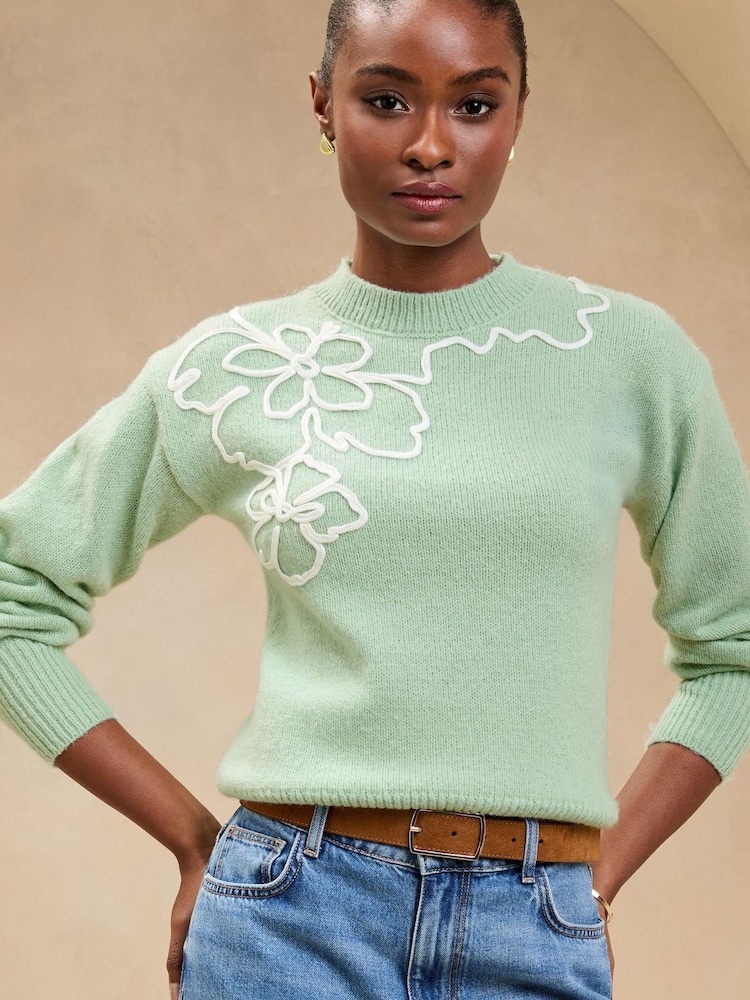 Lipsy Green Knitted Cornelli Flower Detail Cosy Jumper - Image 1 of 4