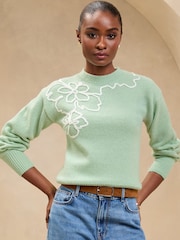Lipsy Green Knitted Cornelli Flower Detail Cosy Jumper - Image 2 of 4