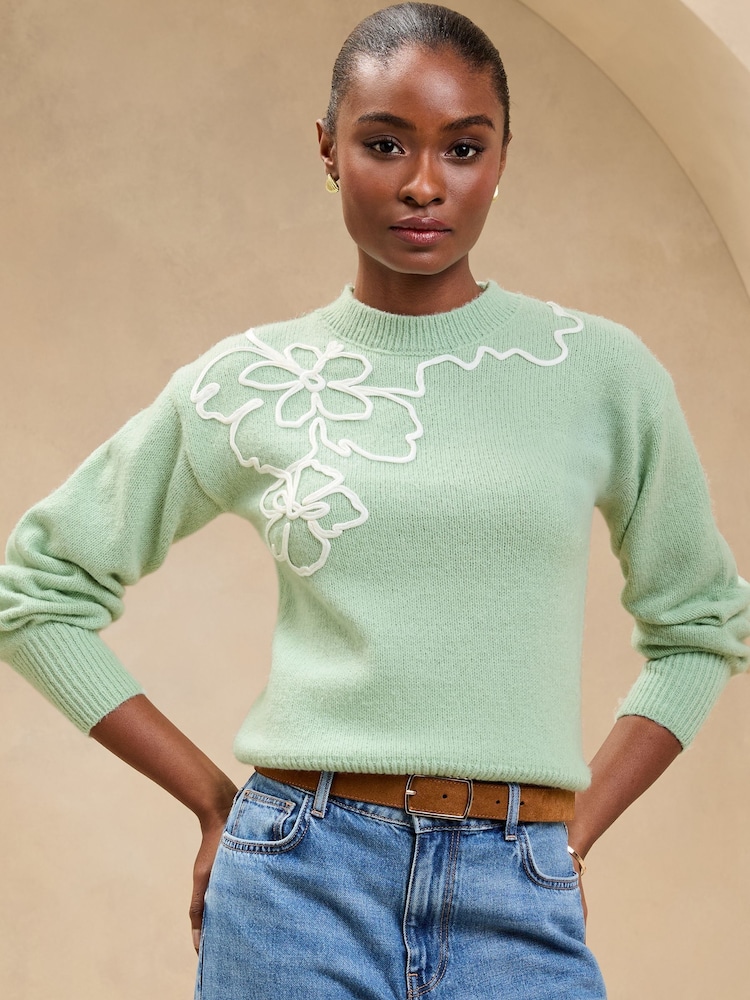 Lipsy Green Knitted Cornelli Flower Detail Cosy Jumper - Image 2 of 4