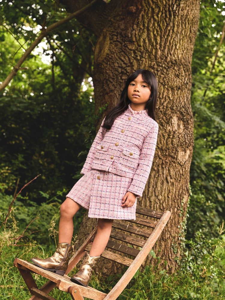 Monsoon Pink Long Sleeve Collar Top And Tweed Skirt Set - Image 1 of 4