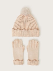Monsoon Brown Faux Fur Pom-Pom Hat And Gloves Set - Image 1 of 1