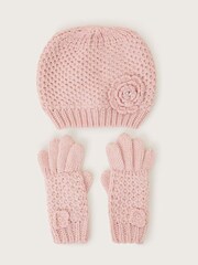 Monsoon Pink Flower Beanie And Gloves Set - Image 1 of 2