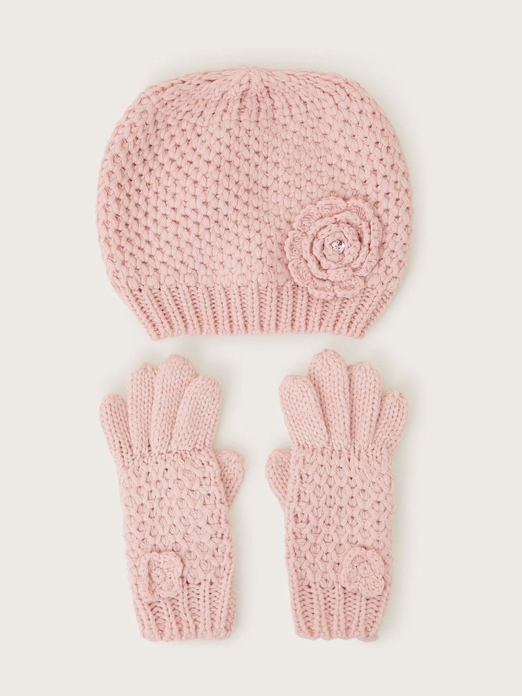 Monsoon Pink Flower Beanie And Gloves Set - Image 1 of 2