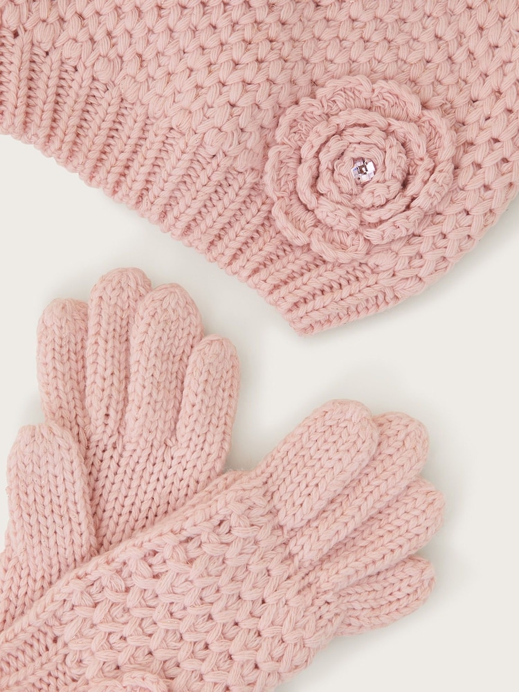 Monsoon Pink Flower Beanie And Gloves Set - Image 2 of 2