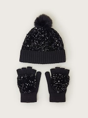 Monsoon Black Sequin Pom Beanie And Gloves Set - Image 1 of 2
