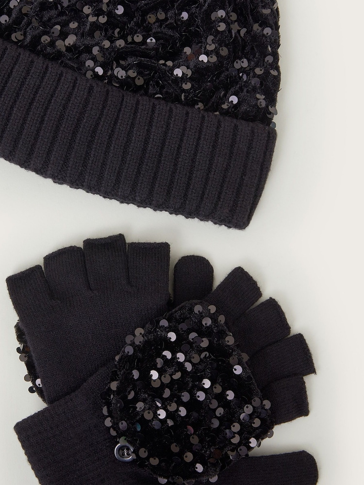 Monsoon Black Sequin Pom Beanie And Gloves Set - Image 2 of 2