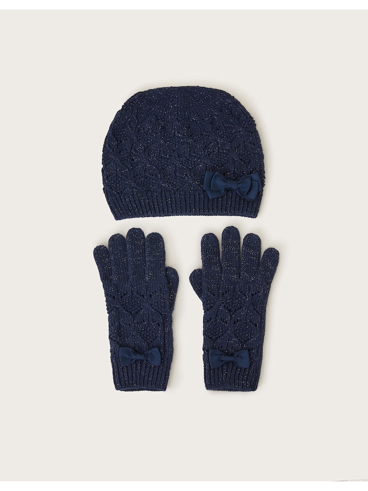 Monsoon Blue Sparkle Bow Winter Hat and Gloves Set - Image 1 of 2