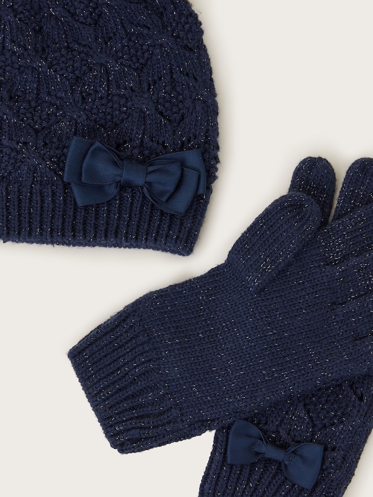 Monsoon Blue Sparkle Bow Winter Hat and Gloves Set - Image 2 of 2
