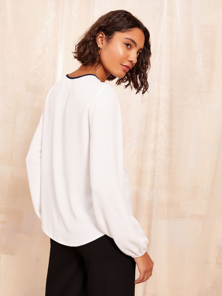 Friends Like These Cream Petite Long Sleeve Tipped Trim Blouse - Image 4 of 4