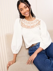 Friends Like These Cream 3/4 Sleeve Lace Insert Top - Image 1 of 4
