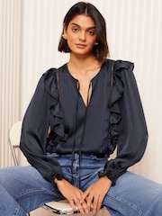 Friends Like These Navy Petite Long Sleeve Ruffle Trim Tie Front Blouse - Image 1 of 4