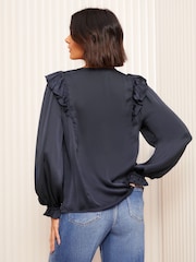 Friends Like These Navy Petite Long Sleeve Ruffle Trim Tie Front Blouse - Image 2 of 4