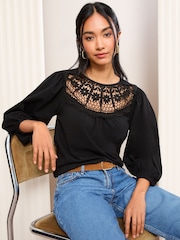 Friends Like These Black 3/4 Sleeve Lace Insert Top - Image 2 of 4