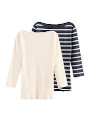 Friends Like These Cream Stripe Ribbed Boat Neck 100% Cotton Jersey T-Shirts 2 Pack - Image 1 of 7