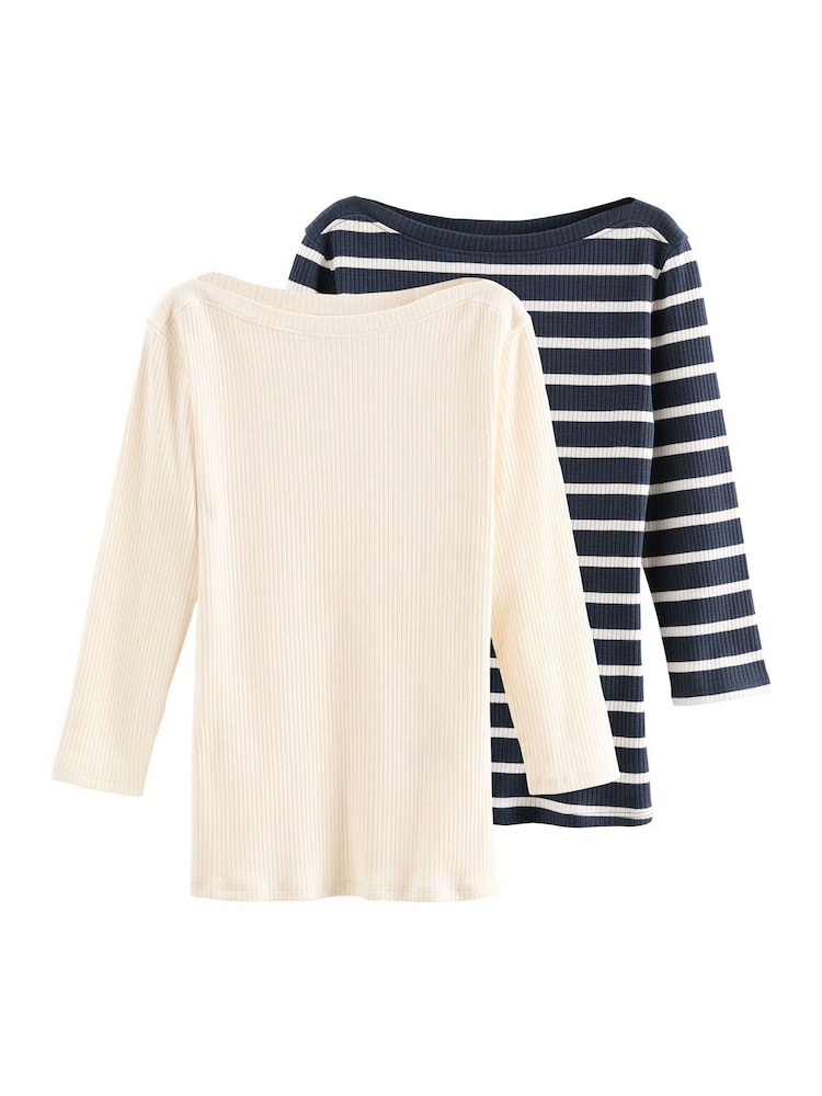 Friends Like These Cream Stripe Ribbed Boat Neck 100% Cotton Jersey T-Shirts 2 Pack - Image 1 of 7