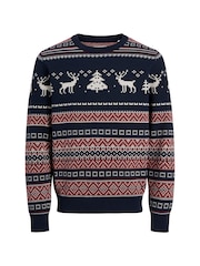 JACK & JONES Blue Christmas Fairisle Crew Neck Knitted Jumper - Image 1 of 1
