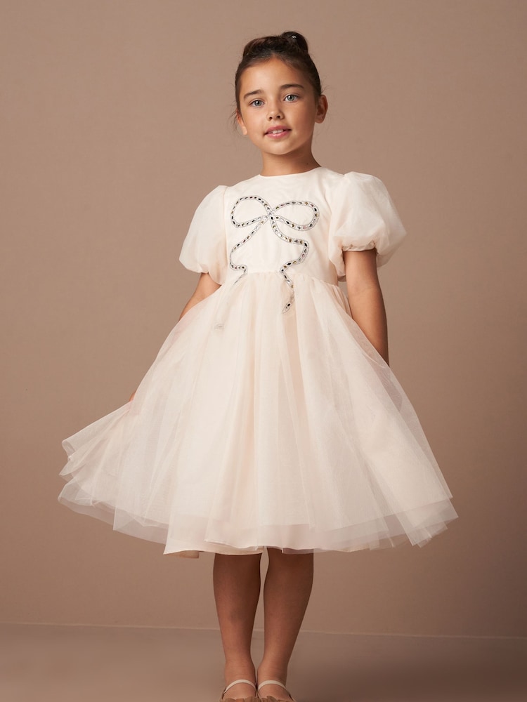 Angel & Rocket Cream Allegra Champagne Silver Bow Dress - Image 1 of 8