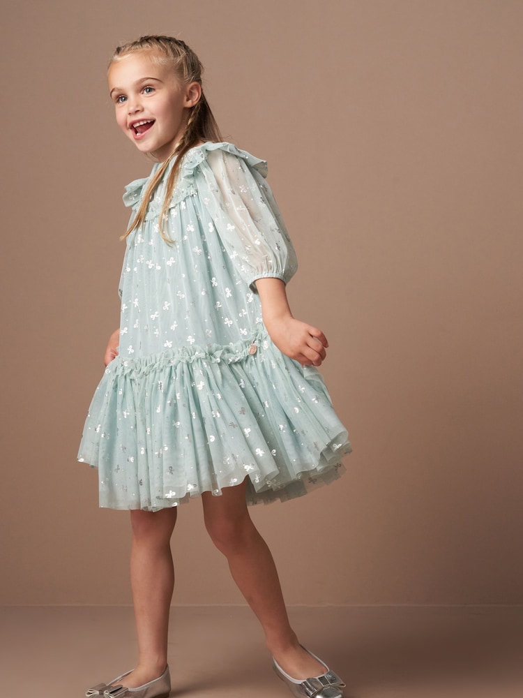 Angel & Rocket Green Georgie Glitter Bow Print Mesh Dress - Image 4 of 7